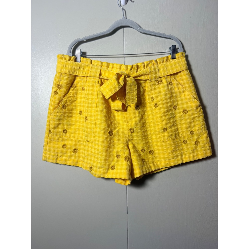 Time and Tru Yellow Gingham Floral Embroidered Paperbag Waist Shorts XL 16-18